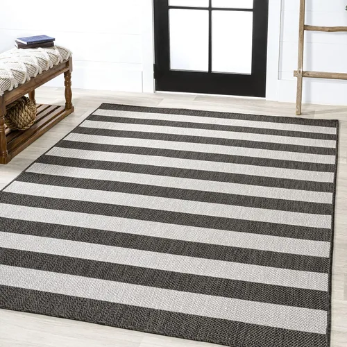 Vista 11 de Eyely BMS203E-28 Santa Monica Negril - Alfombra de pasillo de dos tonos de rayas anchas para interiores y exteriores, moderna, costera; rústica