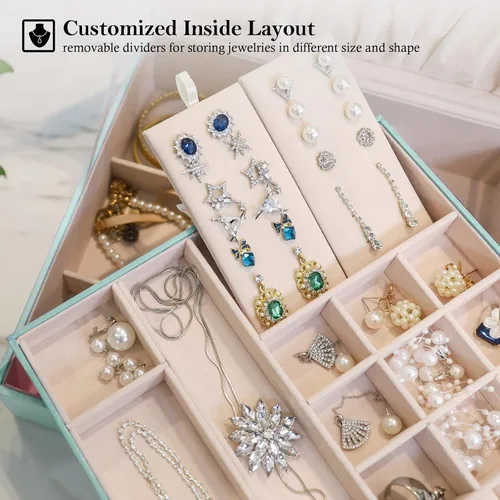 Vista 3 de ProCase - Joyero grande de cuero con dos niveles para organizar aretes, pulseras, anillos, relojes, para mujeres, niñas, regalo ideal para novia