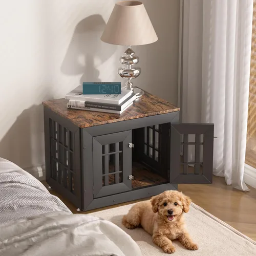 Vista 7 de Snuowu Mueble de jaula de perro resistente de 26 pulgadas para perros pequeños, medianos y grandes, jaula de madera rústica para perros, muebles