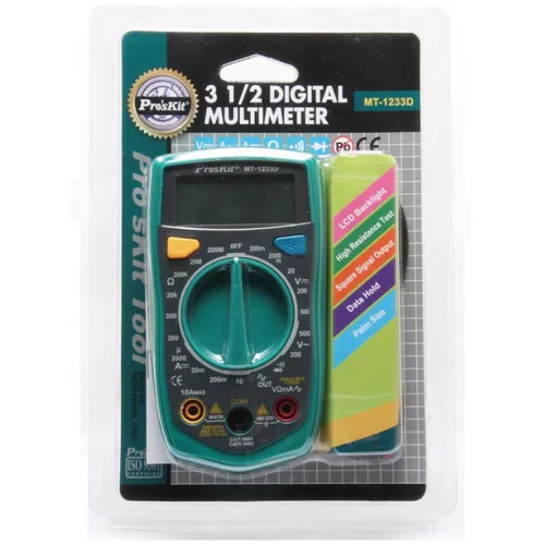 Vista 5 de Pro'sKit MT-1233D Mustimetro digital, 3 1/2 dígitos 1999 cuentas, DCV 500V, ACV 500V, DCA 10A, resistencia 200MΩ, salida de señal cuadrada 50Hz