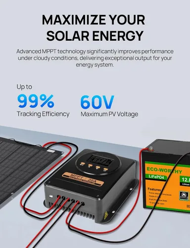 Vista 3 de Controlador de carga solar ECO-WORTHY MPPT 12V/24V 20A con Bluetooth