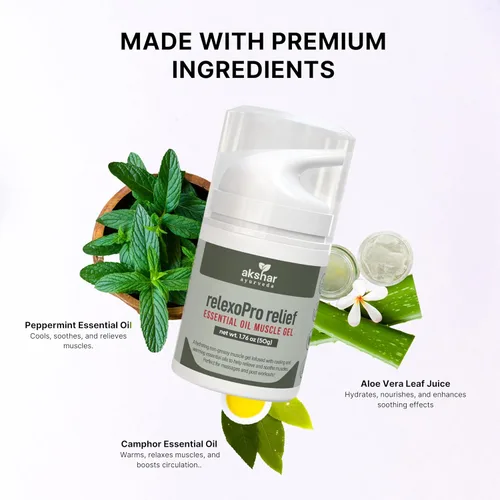 Vista 2 de Akshar Ayurveda Relaxo Pro Relief - Gel muscular natural refrescante y cálido para el cuello, rodillas y articulaciones, masaje calmante