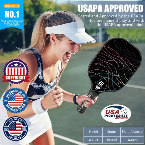 Vista 2 de GARYE Juego de 2 palas de pickleball aprobadas por USAPA, juego de pickleball de fibra de carbono, raquetas ligeras de pickleball, paquete de 2