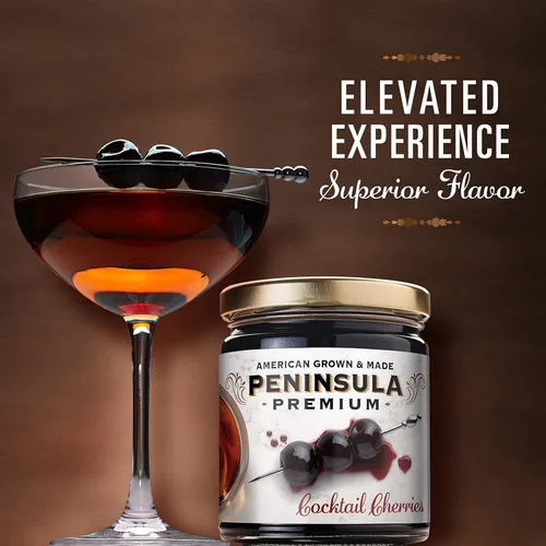 Vista 6 de Cerezas de cóctel Península Premium. Ganador de premios. Rojo borgoña intenso. Suave como la seda, rico jarabe. Lujoso sabor afrutado y agridulce.