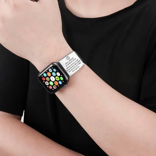 Vista 7 de Etiqueta de alerta médica para Apple Watch, etiqueta de identificación médica personalizada (M: se ajusta a la correa de 0.709-0.866 in) plata/negro