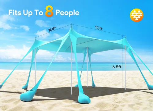 Vista 2 de Osoeri Beach Tent, Camping Sun Shelter UPF50+ with 8 Sandbags, Sand Shovels, Ground Pegs & Stability Poles, Outdoor Shade Beach Canopy for Camping