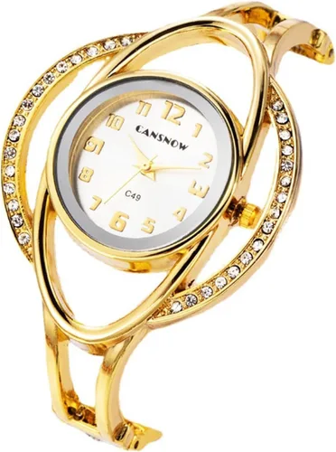 Vista 6 de CdyBox Reloj de pulsera de diamantes para mujer, elegante reloj de pulsera de cuarzo con hebilla abierta y correa de acero, Oro, Moderno