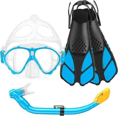Vista 12 de Seovediary Juego de esnórquel para niños, máscara, aletas, equipo de esnórquel para niños, gafas de natación antiniebla con vista panorámica de 180