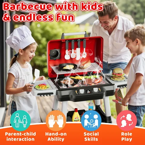 Vista 3 de Juguetes de cocina para niños, juego de parrilla BBQ para niños, juguete de barbacoa de 2 niveles con ruedas, sonido de humo y luz, juego