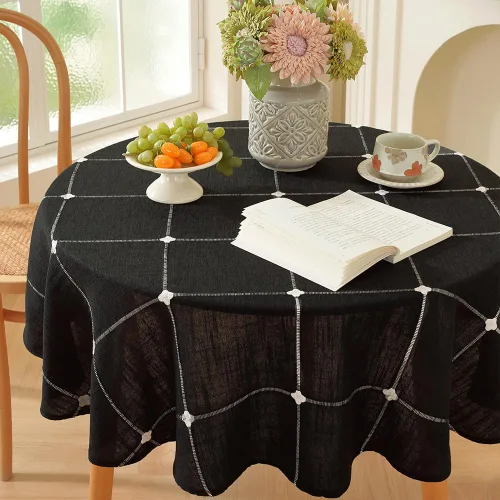 Vista 7 de Zobesta Mantel redondo blanco y negro de 53 pulgadas a cuadros Plaid Black