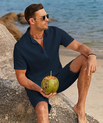 Vista 7 de COOFANDY Conjunto de 2 piezas de lino para hombre, camisas Henley casuales de manga corta, pantalones cortos de yoga para la playa, pantalones