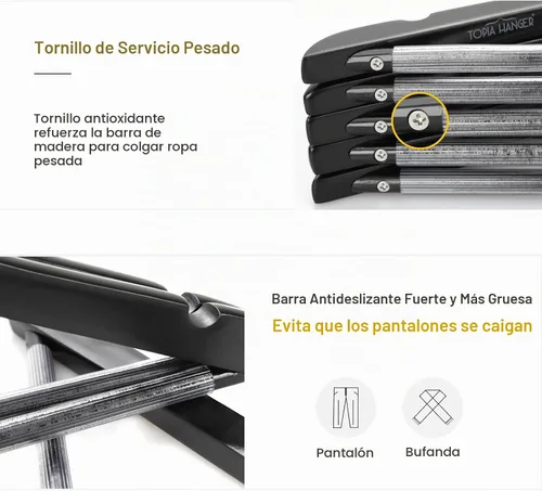 Vista 4 de TOPIA HANGER - Juego de perchas de madera premium, perchas de madera de lujo boutique con gancho extra grueso y barra antideslizante para Negro