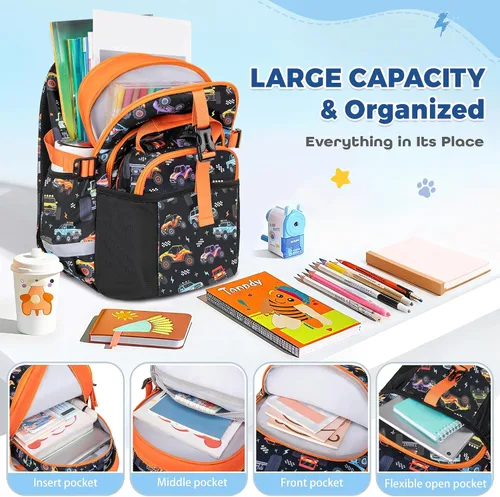 Vista 3 de Mochila infantil para niñas de 4 a 8 años, Blackorange-camión, Lindo