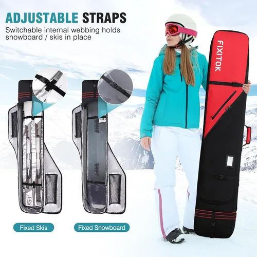 Vista 4 de FIXITOK Bolsa de snowboard y esquí para viajes aéreos, bolsa de snowboard acolchada completa impermeable que se ajusta a tabla, botas, ropa, casco
