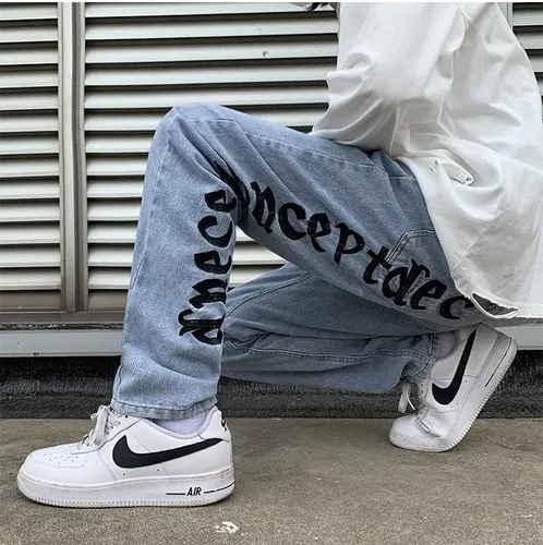 Vista 2 de Jeans para hombre, con letras bordadas, sueltos, estilo hip hop, vintage, holgados, pantalones de monopatín, ropa de calle
