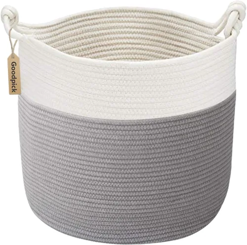 Vista 14 de Goodpick - Cesta tejida de yute para mantas, organización de ropa, cuerda de algodón, 40L Soft Blanket & Laundry Basket with Handles, Baby Toy