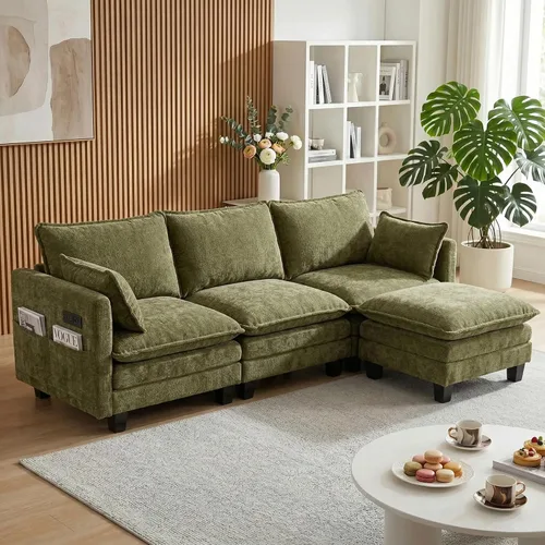 Vista 10 de Sofá modular en forma de L de 102 pulgadas con otomana, sofá de asiento profundo de felpilla de 4 asientos con almohada para sala de estar