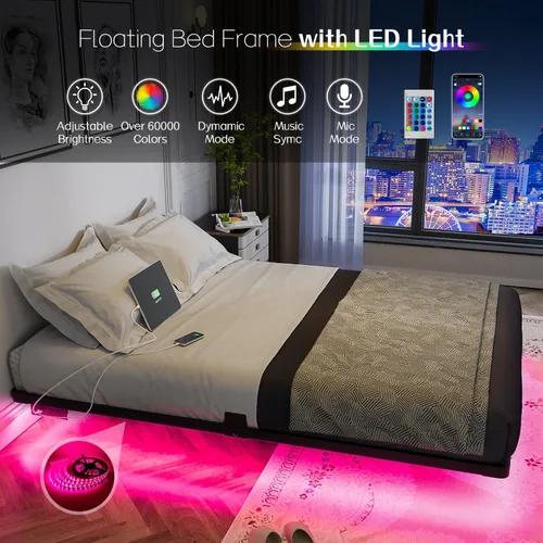 Vista 5 de OLEVS - Marco de cama flotante de metal tamaño matrimonial con luz LED y estación de carga Full Metal Platform Bed Frame with Smart LED, Charging