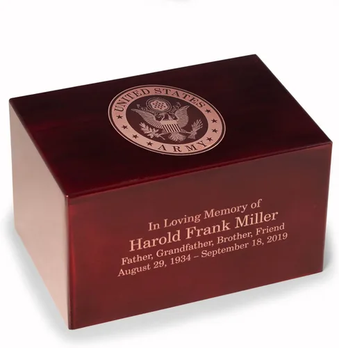 Vista 10 de Bey-Berk - Urna militar con licencia oficial del ejército de Estados Unidos, urna grande de cremación para cenizas humanas, palo de rosa, logotipo