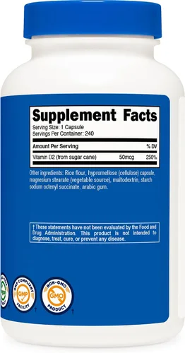 Vista 5 de Nutricost Suplemento de vitamina D2 (2000 UI) 240 cápsulas - Vegano, sin OMG, sin gluten, probado por terceros