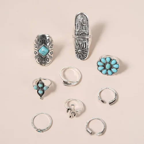Vista 4 de Juego de anillos bohemios de turquesa para mujer, anillos apilables vintage para nudillos, anillos ovalados con piedras preciosas de piedra gruesa