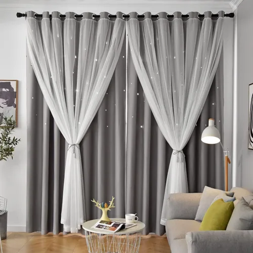 Vista 17 de Loyala Cortinas opacas de doble capa con diseño de estrellas para dormitorio de niños, bonitas, 63 pulgadas de largo, juego de 2 paneles, beige, 42