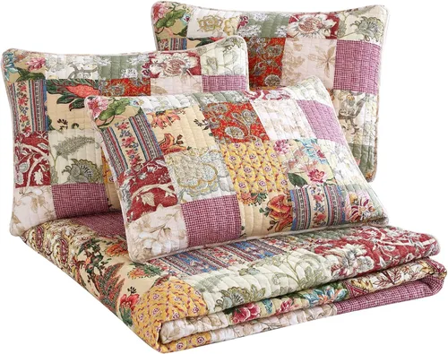 Vista 3 de Chezmoi Collection Delaney - Juego de funda de edredón de 5 piezas, diseño de retazos florales, prelavado, 100% algodón, tamaño cama