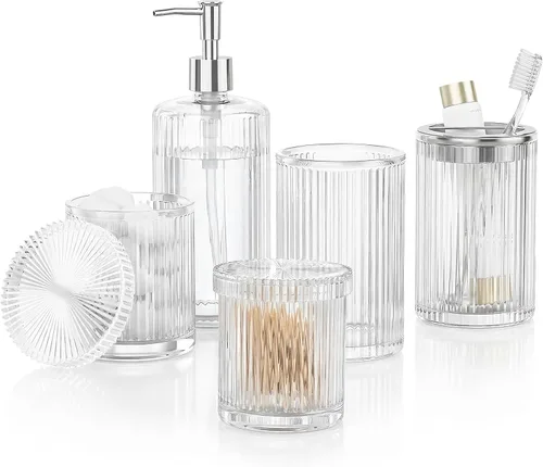 Vista 12 de Juego de accesorios de baño de cristal negro, 5 piezas, dispensador de jabón acanalado vintage, soporte para cepillo de dientes, vaso, tarro Qtip