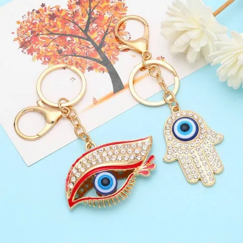 Vista 2 de 2 llaveros de mal de ojo, llaveros turcos de mano Hamsa de mal de ojo, llaveros de mal de ojo, decoración de ojos azules del diablo, adorno de buena