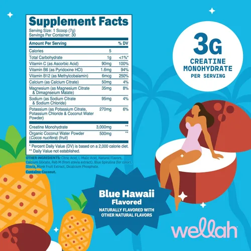 Vista 2 de Wellah Creatina + electrolitos en polvo (Blue Hawaii) 30 porciones - Mezcla de bebida de hidratación con 0.11 onzas de monohidrato de creatina