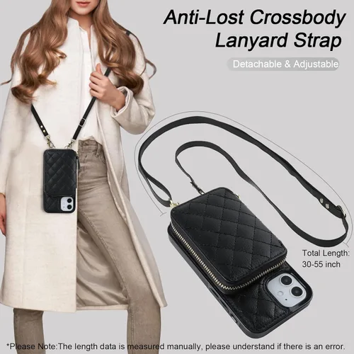 Vista 6 de Bocasal Funda tipo cartera cruzada para iPhone 12 Mini, bloqueo RFID, de piel sintética, con cremallera, funda tipo cartera con función atril