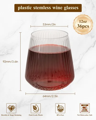Vista 2 de Goodluck Paquete de 36 copas de vino de plástico sin tallo de 12 onzas – Copas transparentes con estrías, elegante vajilla reutilizable desechable