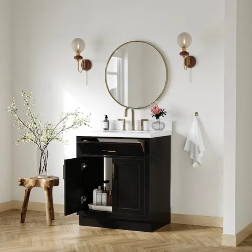 Vista 4 de ARIEL Hepburn - Tocador de baño de 30 pulgadas con fregadero, madera maciza, encimera y protector contra salpicaduras de cuarzo blanco puro de 1.5
