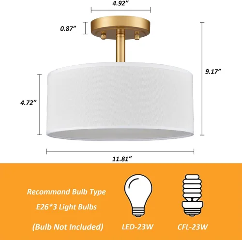 Vista 5 de Lámpara moderna de montaje empotrado para techo de tambor de montaje empotrado, 3 luces doradas, lámpara de techo semiempotrada para pasillo
