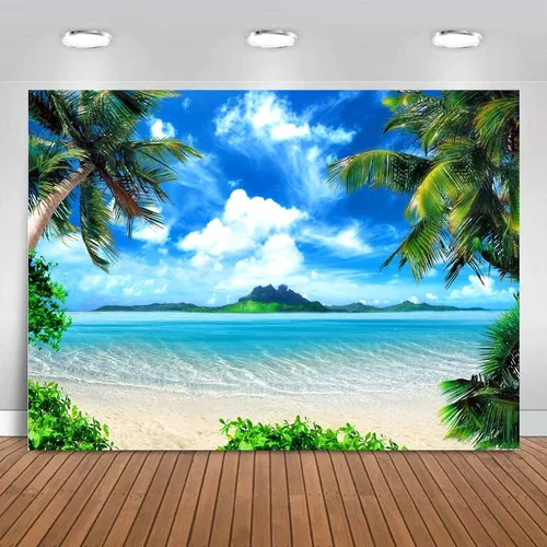 Vista 9 de Fondo de Fotografía Tropical Hawaiano Playa Palmera Cielo Azul y Nubes Blancas Decoración de Fiesta de Boda Telón de Fondo de Fotografía 5x3 pies