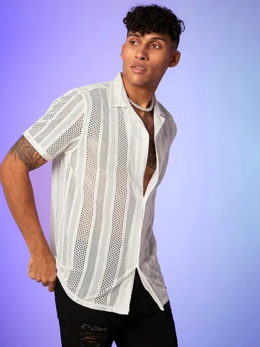 Vista 3 de WDIRARA Camiseta de manga corta con botones frontales y encaje floral para hombre