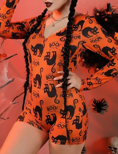 Vista 5 de Disfraz de Halloween para mujer, divertido traje de manga larga con cuello en V, bodycon, pantalones cortos, calabaza, gato, traje de gato