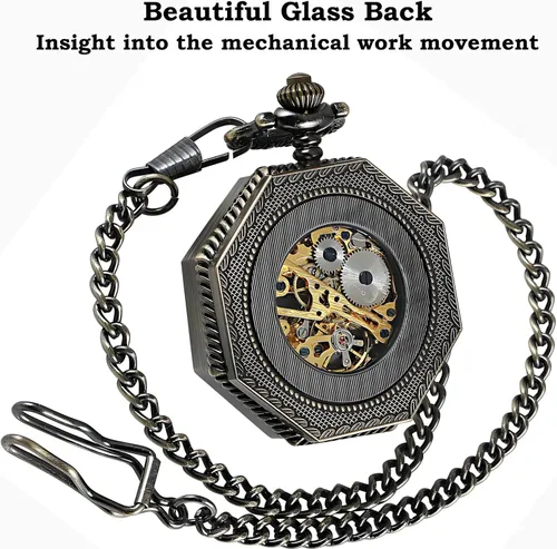 Vista 4 de CHPW02 - Reloj de bolsillo para hombre, reloj de bolsillo mecánico de ferrocarril vintage con cadena, números de bronce, octágono, steampunk
