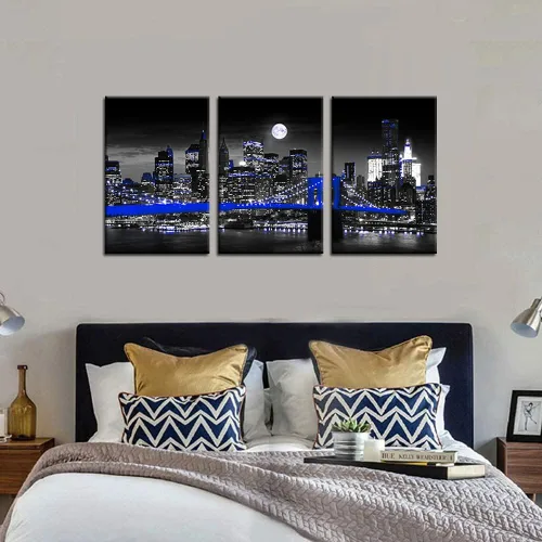Vista 3 de Biuteawal Lienzo de ciudad negro y azul con impresión de paisaje urbano de Nueva York, puente de Brooklyn en la noche de la luna, pintura