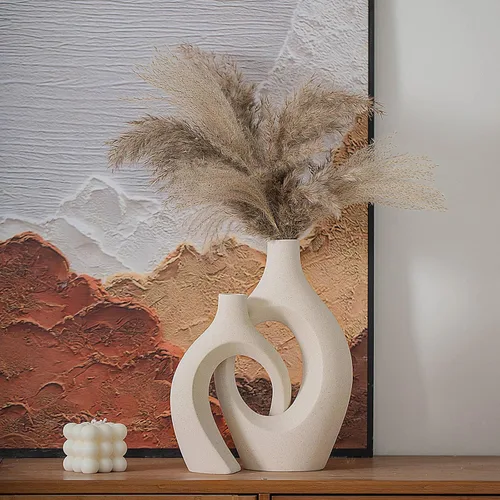 Vista 2 de Levvohd XL Juego de 2 jarrones beige de cerámica para decoración moderna del hogar, jarrones huecos florales modernos de estilo bohemio ecléctico