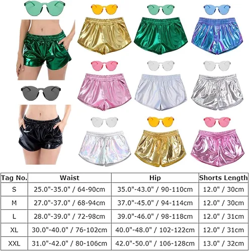 Vista 6 de Pantalones cortos metálicos para mujer con gafas, festival de música, baile, Halloween, disfraz de alienígena, cosplay, pantalones de cintura alta