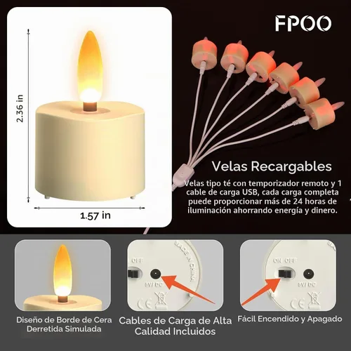 Vista 4 de FPOO Velas de té recargables con temporizador remoto, 6 velas votivas sin Blanco cálido+cable de carga