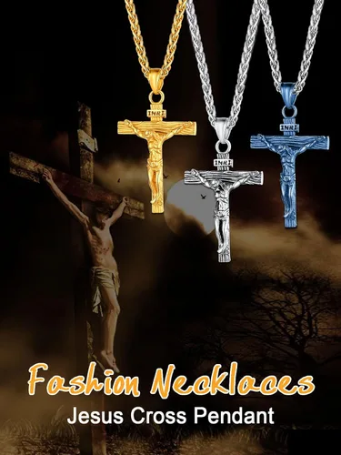 Vista 8 de U7 Colgante de cruz de crucifijo para hombre con cadena de bautismo, joyería cristiana, acero inoxidable, oro de 18 quilates, collar antiguo