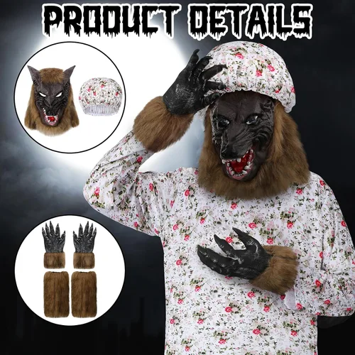 Vista 3 de Bonuci Disfraz de Halloween de lobo de abuelita para adultos, traje de cosplay con sombrero, máscara de cabeza de lobo, guantes de lobo