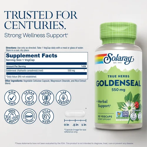 Vista 2 de SOLARAY Goldenseal - Cápsulas de raíz de 550 mg, suplementos herbales Golden Seal para apoyo al bienestar, veganas, sin gluten, para adultos, 50