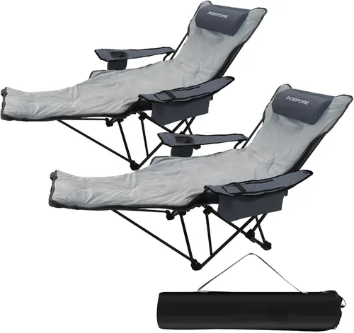 Vista 18 de Paquete de 2 sillas reclinables de camping de 4 posiciones con reposapiés, cómoda para adultos, silla de playa plegable de malla de 265 libras