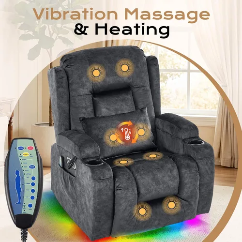 Vista 5 de URRED Silla reclinable giratoria eléctrica con vibración y calor Diseño de motor dual, posiciones infinitas, carga USB, luces LED, portavasos Gris