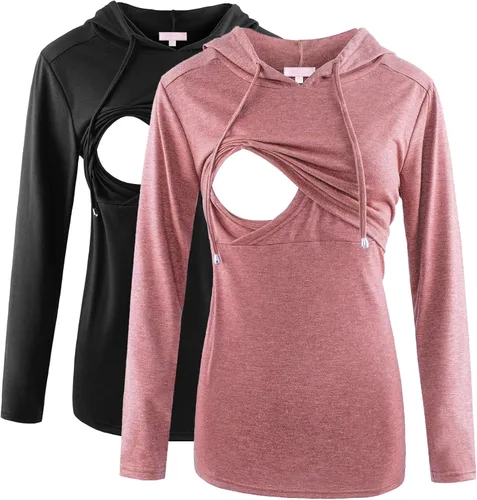 Vista 19 de Bhome Camisa de lactancia de manga larga con capucha para lactancia materna