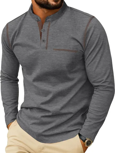 Vista 10 de Sailwind Camisetas Henley para hombre de manga larga con botones, estilo casual, elegante, de algodón, con bolsillo