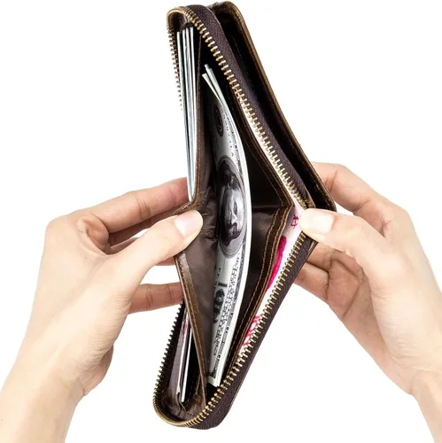 Vista 5 de Cuero auténtico hombres billetera cremallera RFID bloqueo vintage billeteras billeteras billeteras